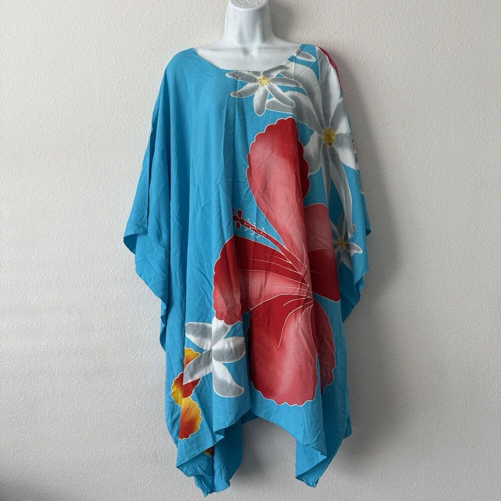 Coco Kai Hawaii Kaftan Dress Rayon Hand Made Tropical Floral Hibiscus Coverup OS